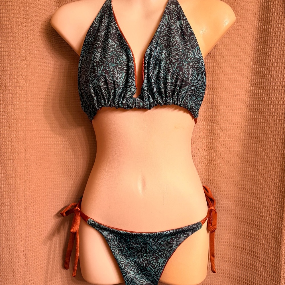 Bronze & Green Bikini 2pc Reversible Bottom-S Top-M